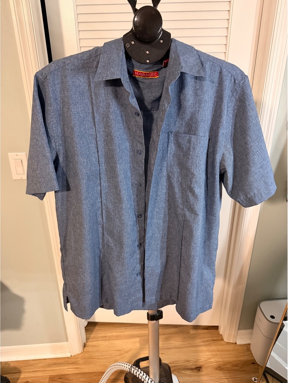 Havana blue short sleeve button front shirt